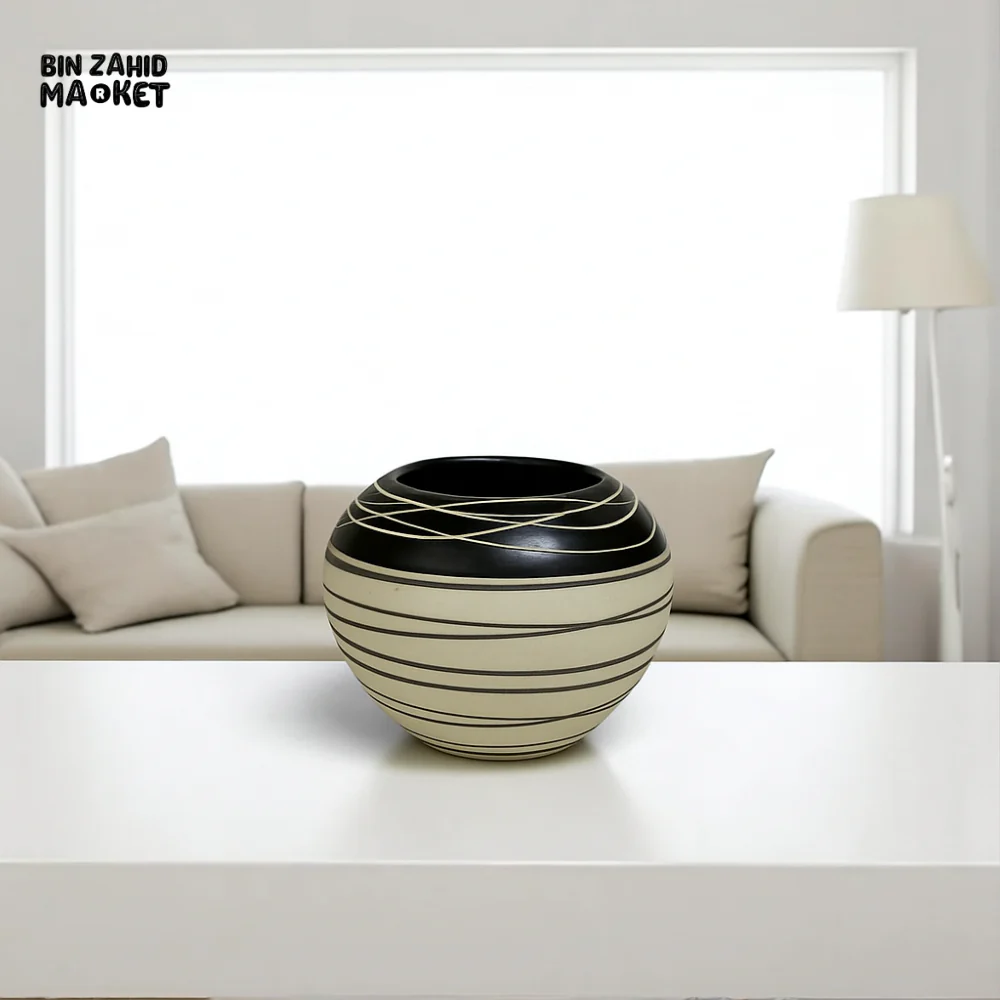 MODERN CERAMIC VASE SET – BLACK & BEIGE ABSTRACT STRIPE DESIGN - Image 2