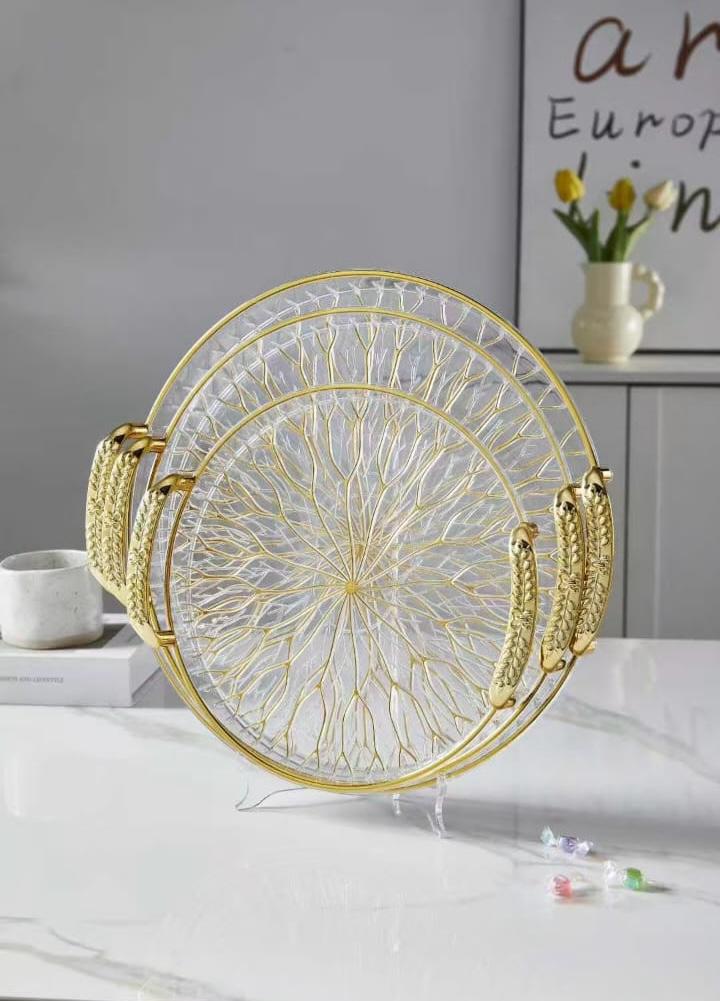 MODERN LUXURY TEA & SNACK TRAYS – 3-PIECE TRAY SET WITH GOLD HANDLES - CIRCLE - Image 2