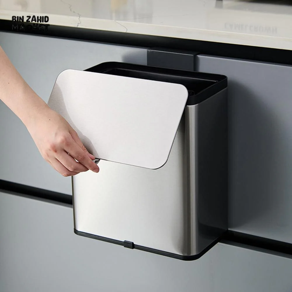 MODERN STAINLESS STEEL HANGING KITCHEN TRASH CAN – WALL & CABINET MOUNT COMPOST BIN WITH LID