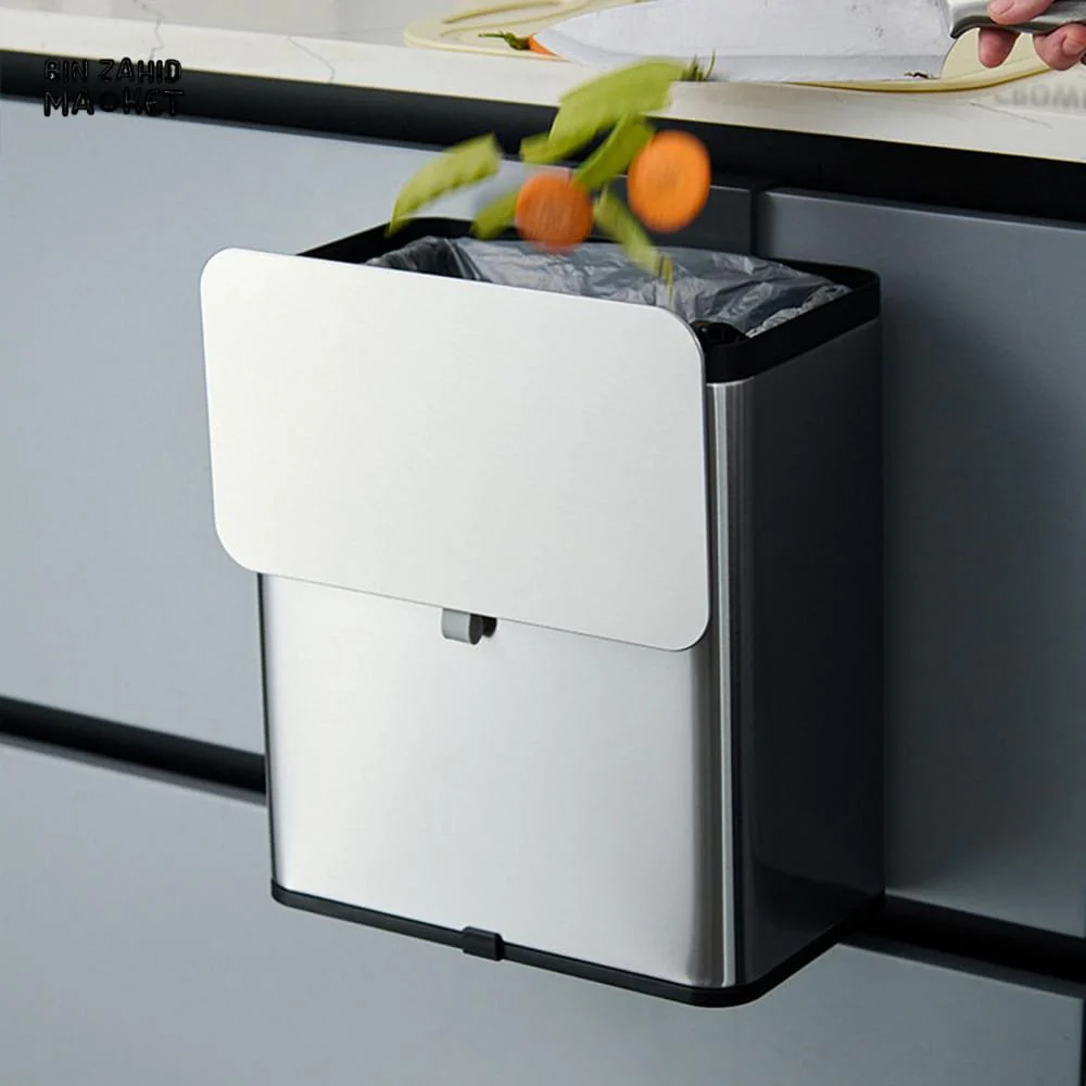 MODERN STAINLESS STEEL HANGING KITCHEN TRASH CAN – WALL & CABINET MOUNT COMPOST BIN WITH LID - Image 2