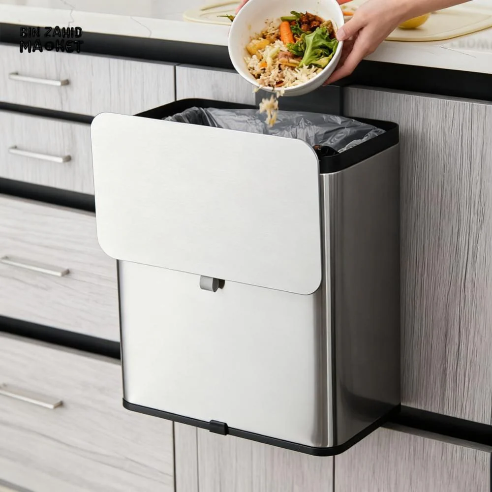 MODERN STAINLESS STEEL HANGING KITCHEN TRASH CAN – WALL & CABINET MOUNT COMPOST BIN WITH LID - Image 3