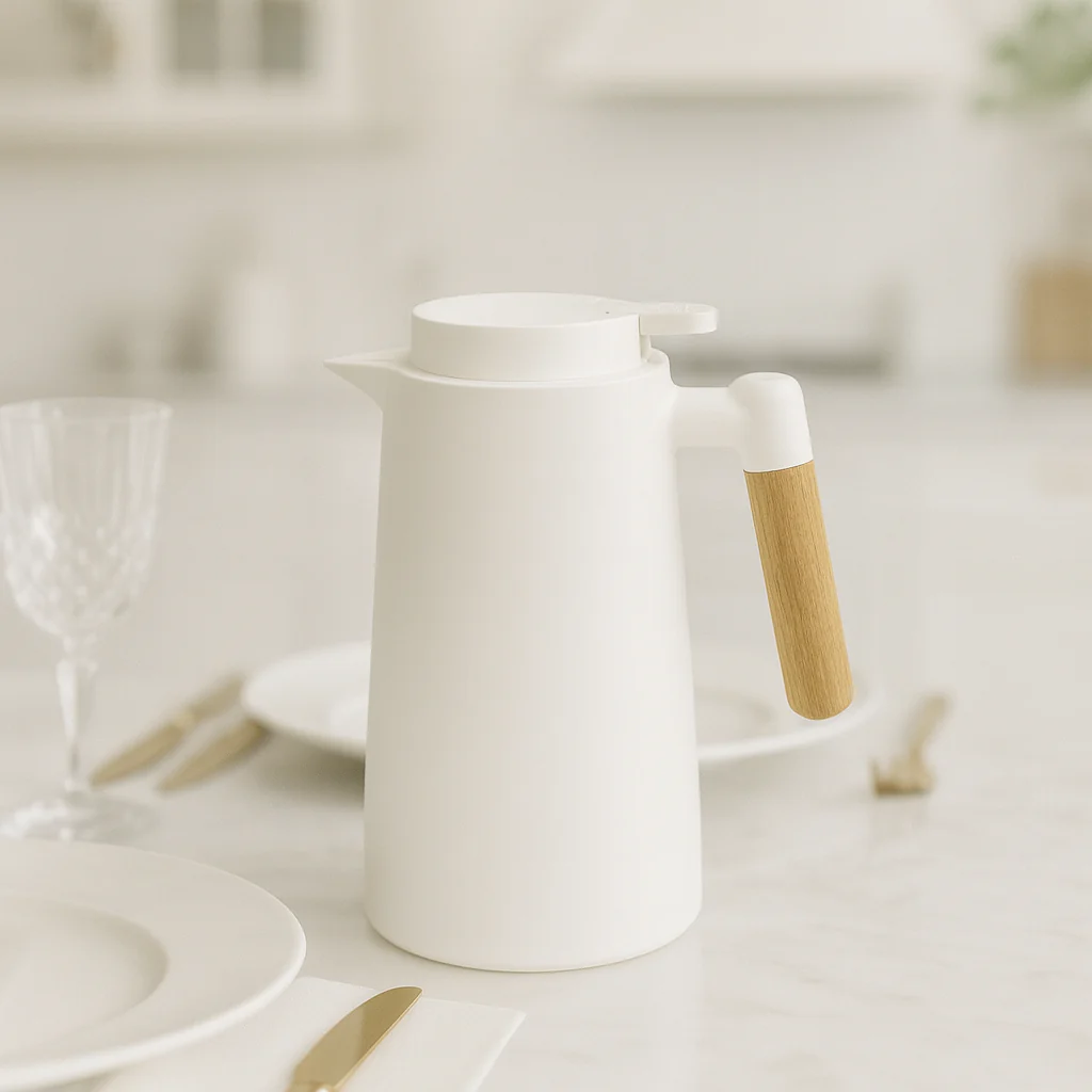 MODERN THERMAL JUG 1 LITRE – WHITE FINISH WITH WOODEN HANDLE
