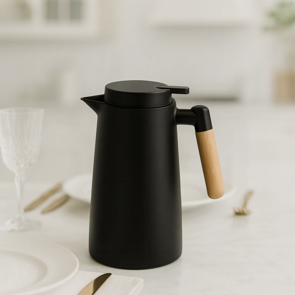 MODERN THERMAL JUG  1 LITRE – BLACK FINISH WITH WOODEN HANDLE