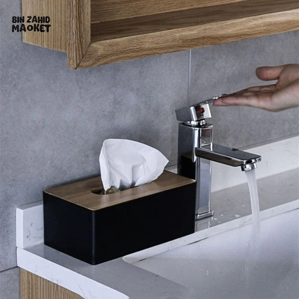 MODERN TISSUE HOLDER BLACK – DURABLE CONTAINER WITH BAMBOO LID DESKTOP PAPER BOX FOR HOME OFFICE HOTEL - Image 4