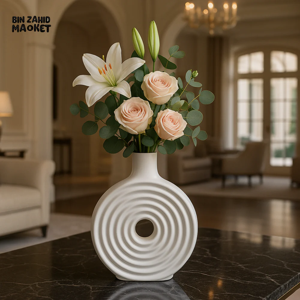MODERN WHITE CERAMIC VASE – LUXURY TABLE DECOR ACCENT - WHITE