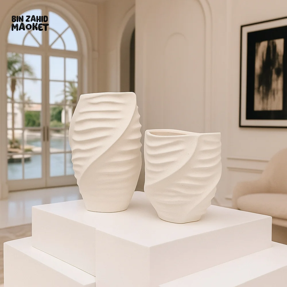 MODERN WHITE CERAMIC VASE SET – SCULPTED TEXTURE HOME DECOR