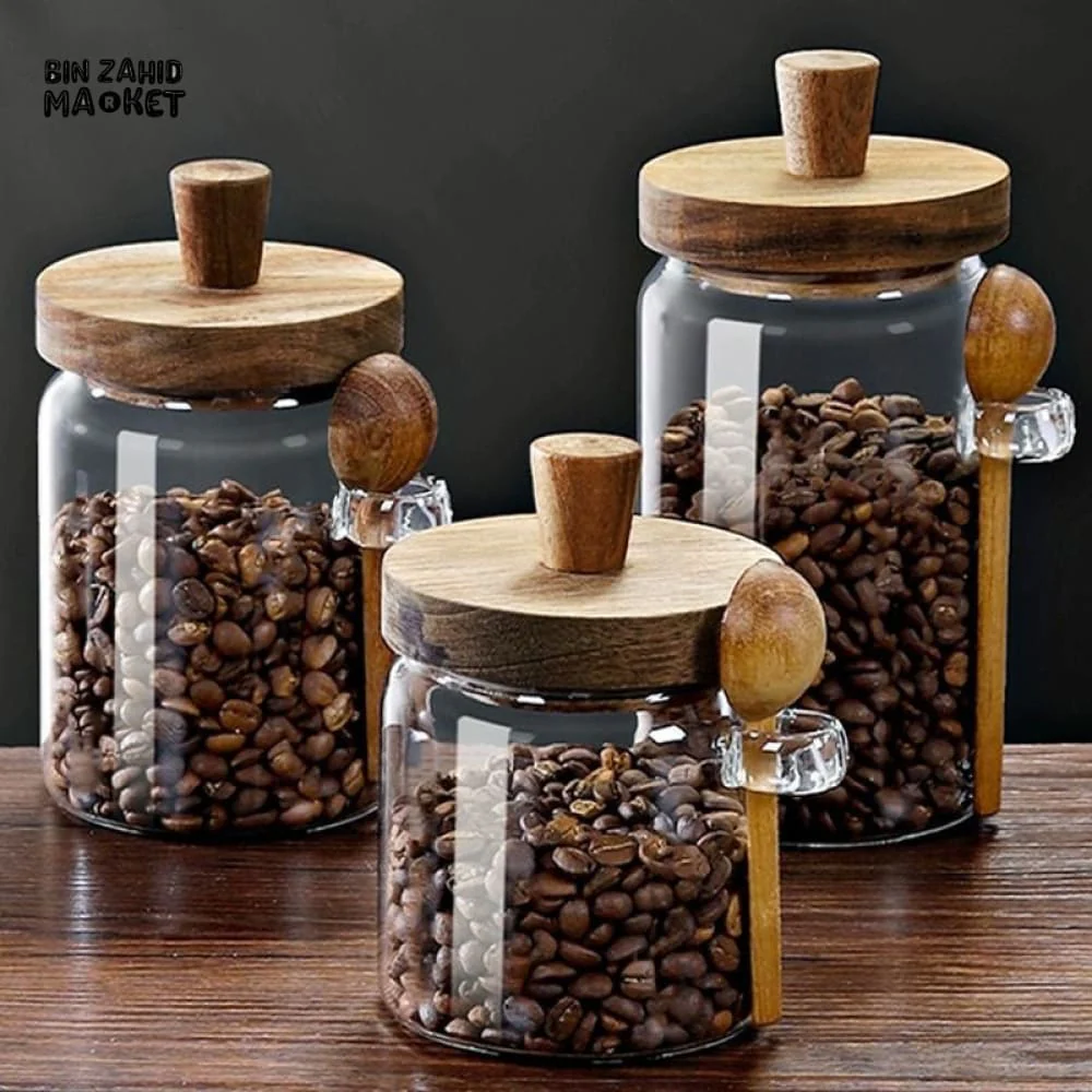 MOISTURE-RESISTANT GLASS CANISTER – WOODEN LID & SPOON FOR KITCHEN STORAGE - Image 3