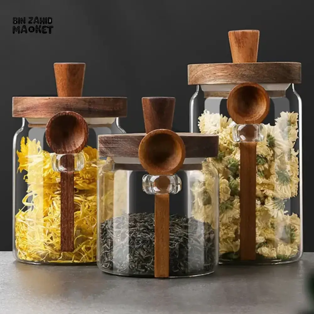 MOISTURE-RESISTANT GLASS CANISTER – WOODEN LID & SPOON FOR KITCHEN STORAGE - Image 7