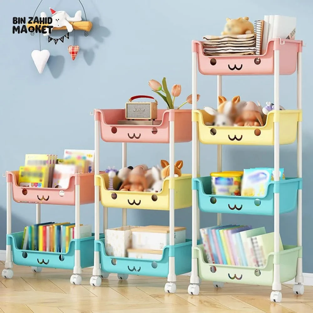 MULTI-LAYER CARTOON SMILEY MOVABLE TROLLEY – 3-LAYER KIDS' TOY & SNACK STORAGE ORGANIZER SHELF