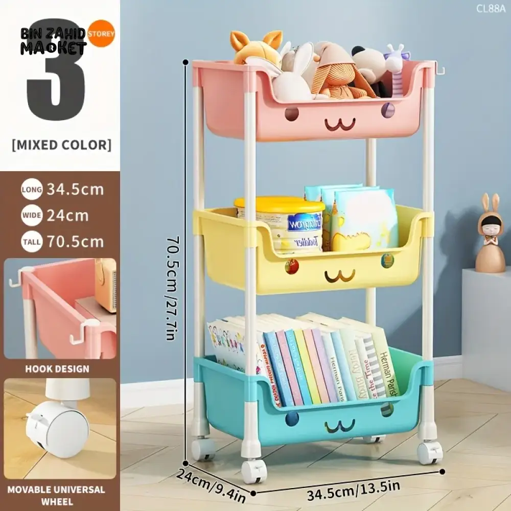 MULTI-LAYER CARTOON SMILEY MOVABLE TROLLEY – 3-LAYER KIDS' TOY & SNACK STORAGE ORGANIZER SHELF - Image 2