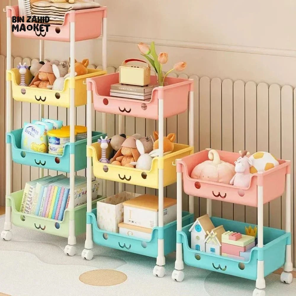 MULTI-LAYER CARTOON SMILEY MOVABLE TROLLEY – 3-LAYER KIDS' TOY & SNACK STORAGE ORGANIZER SHELF - Image 3