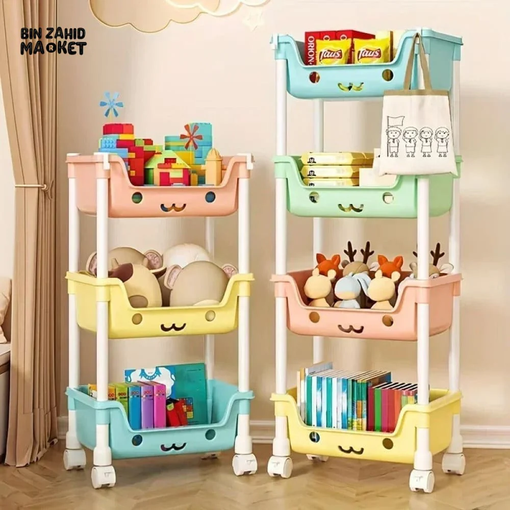 MULTI-LAYER CARTOON SMILEY MOVABLE TROLLEY – 3-LAYER KIDS' TOY & SNACK STORAGE ORGANIZER SHELF - Image 4