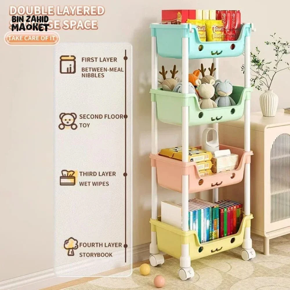 MULTI-LAYER CARTOON SMILEY MOVABLE TROLLEY – 3-LAYER KIDS' TOY & SNACK STORAGE ORGANIZER SHELF - Image 5