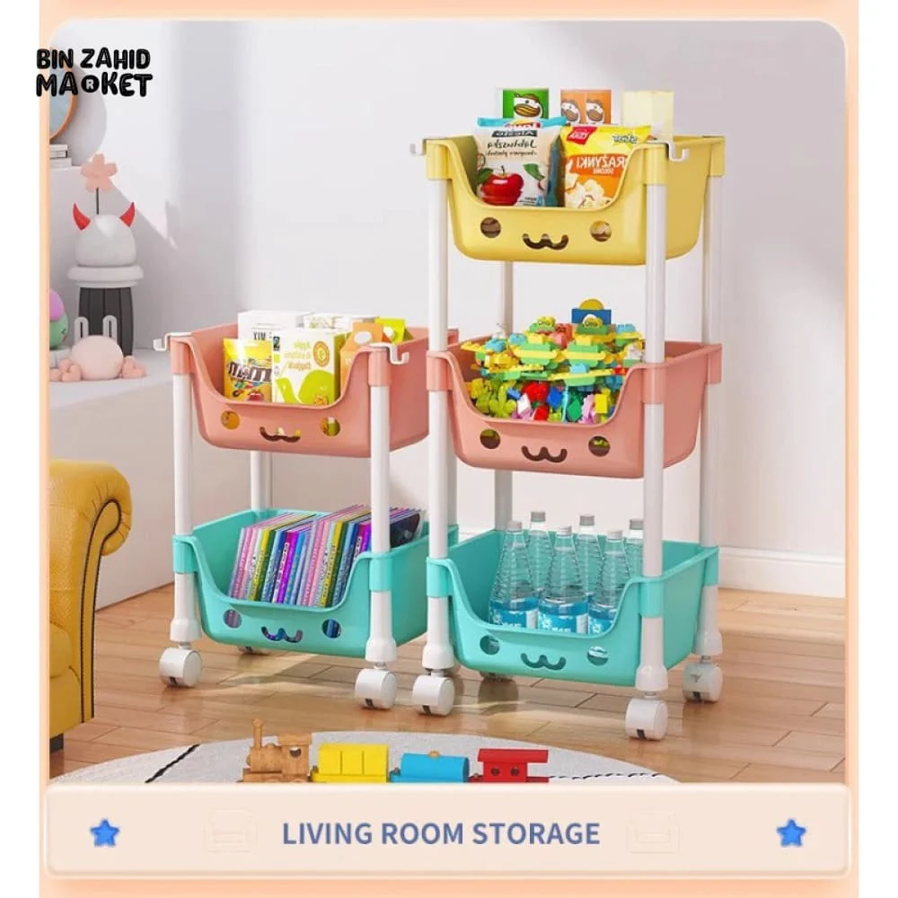 MULTI-LAYER CARTOON SMILEY MOVABLE TROLLEY – 3-LAYER KIDS' TOY & SNACK STORAGE ORGANIZER SHELF - Image 6