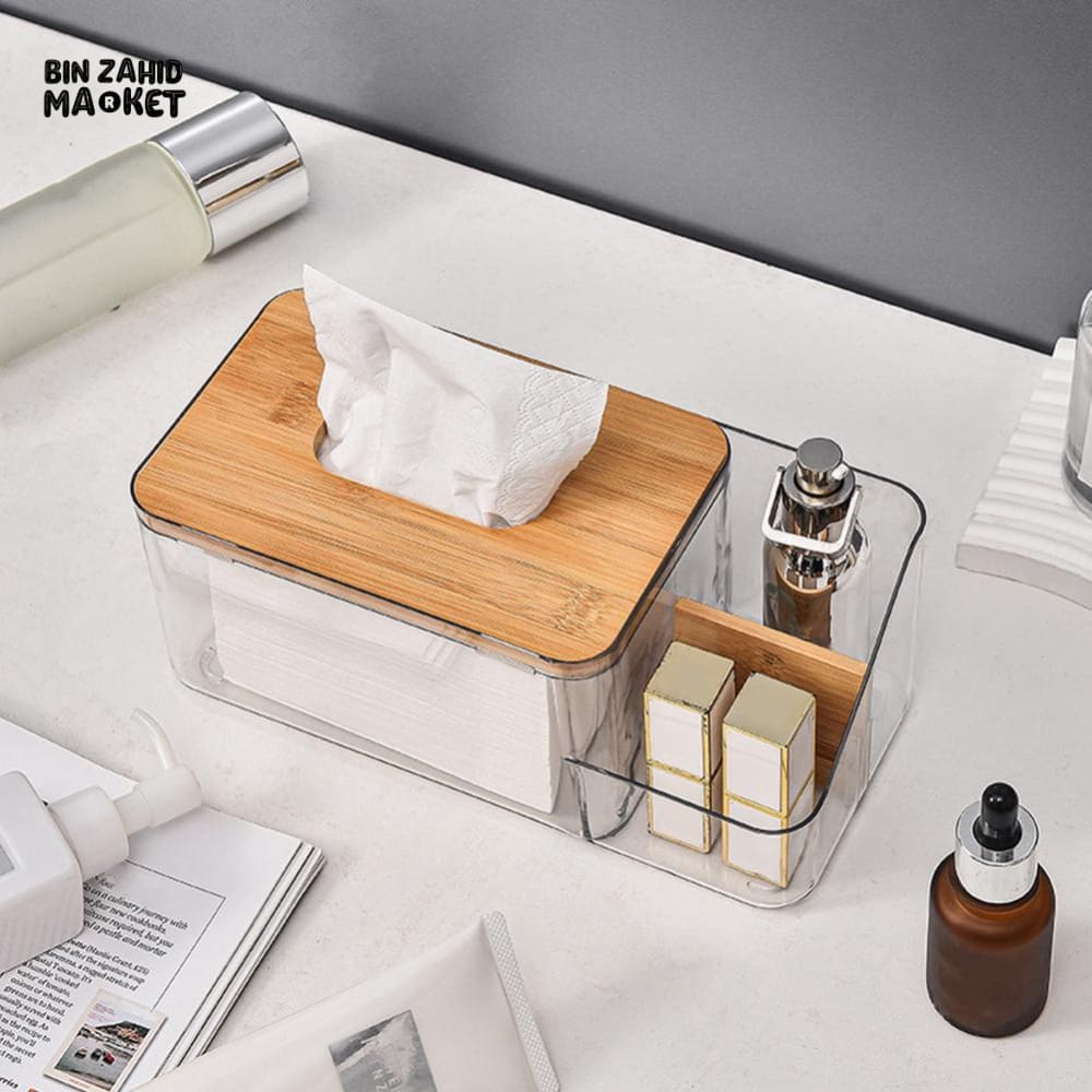 MULTI-PURPOSE TISSUE BOX WITH WOODEN COVER – ROUND OPENING NAPKIN HOLDER WITH REMOTE ORGANIZER - Image 2