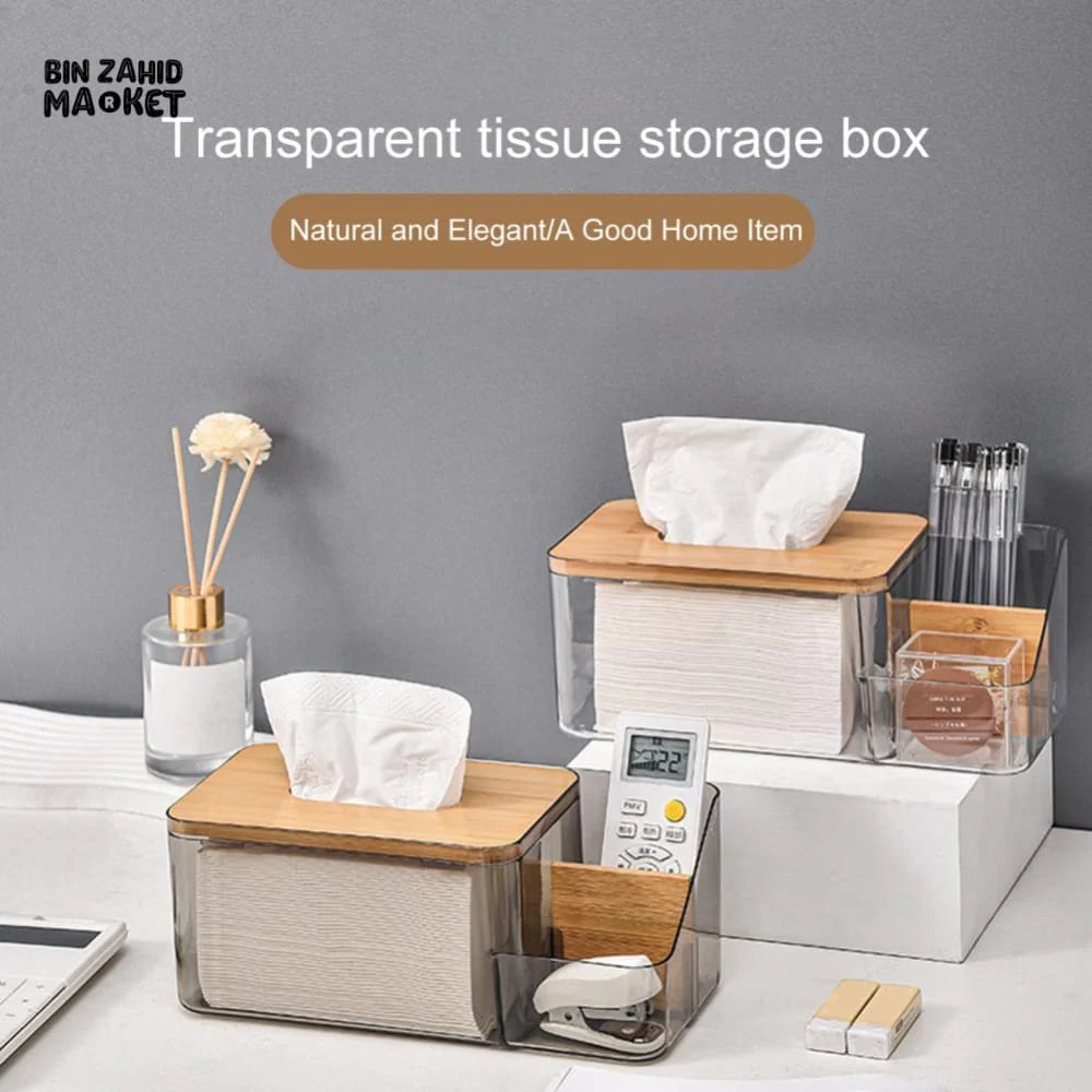 MULTI-PURPOSE TISSUE BOX WITH WOODEN COVER – ROUND OPENING NAPKIN HOLDER WITH REMOTE ORGANIZER - Image 3