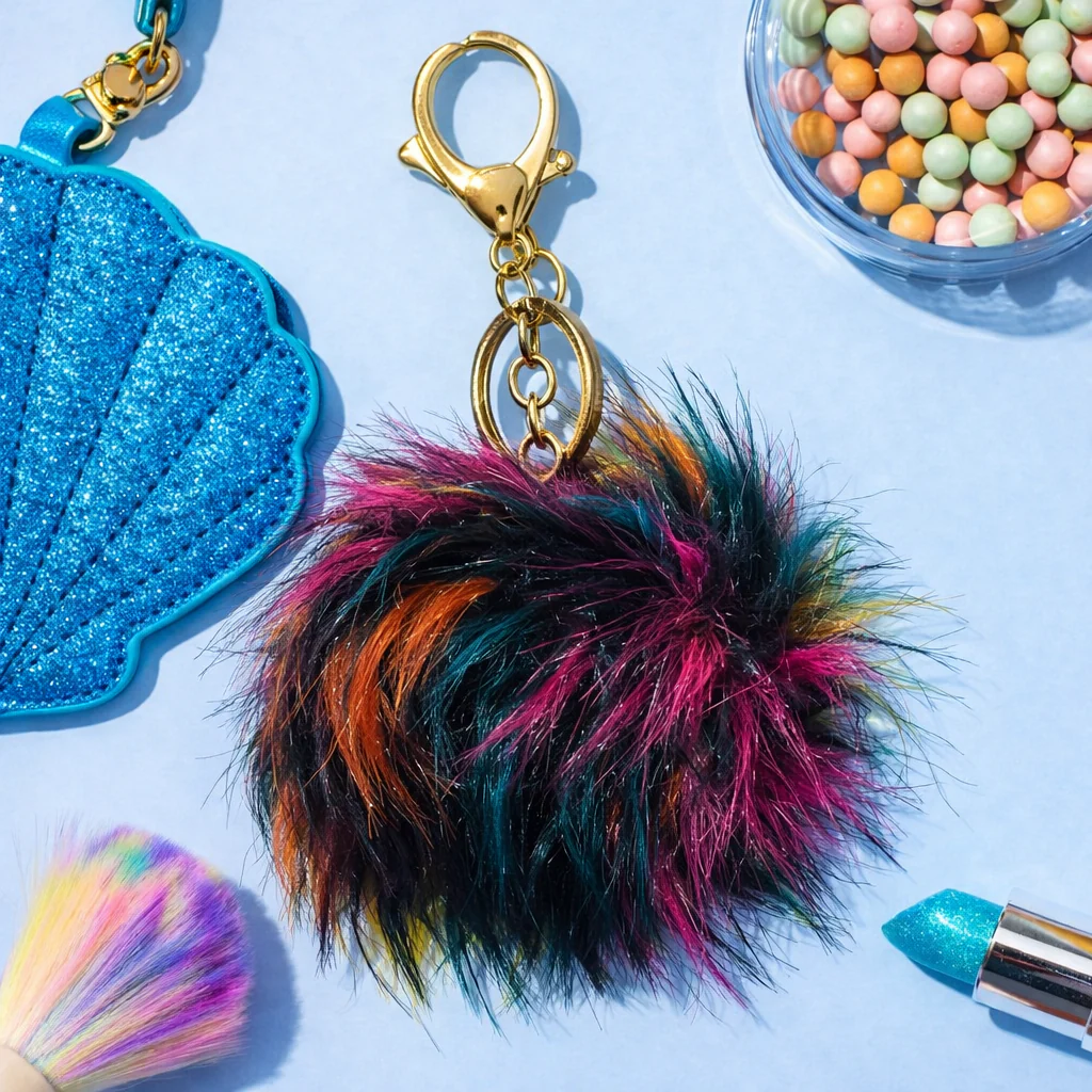 MULTICOLOR FUR POM POM KEYCHAIN – FLUFFY BAG CHARM & CAR KEYRING FOR GIRLS PURSE BACKPACK & GIFT