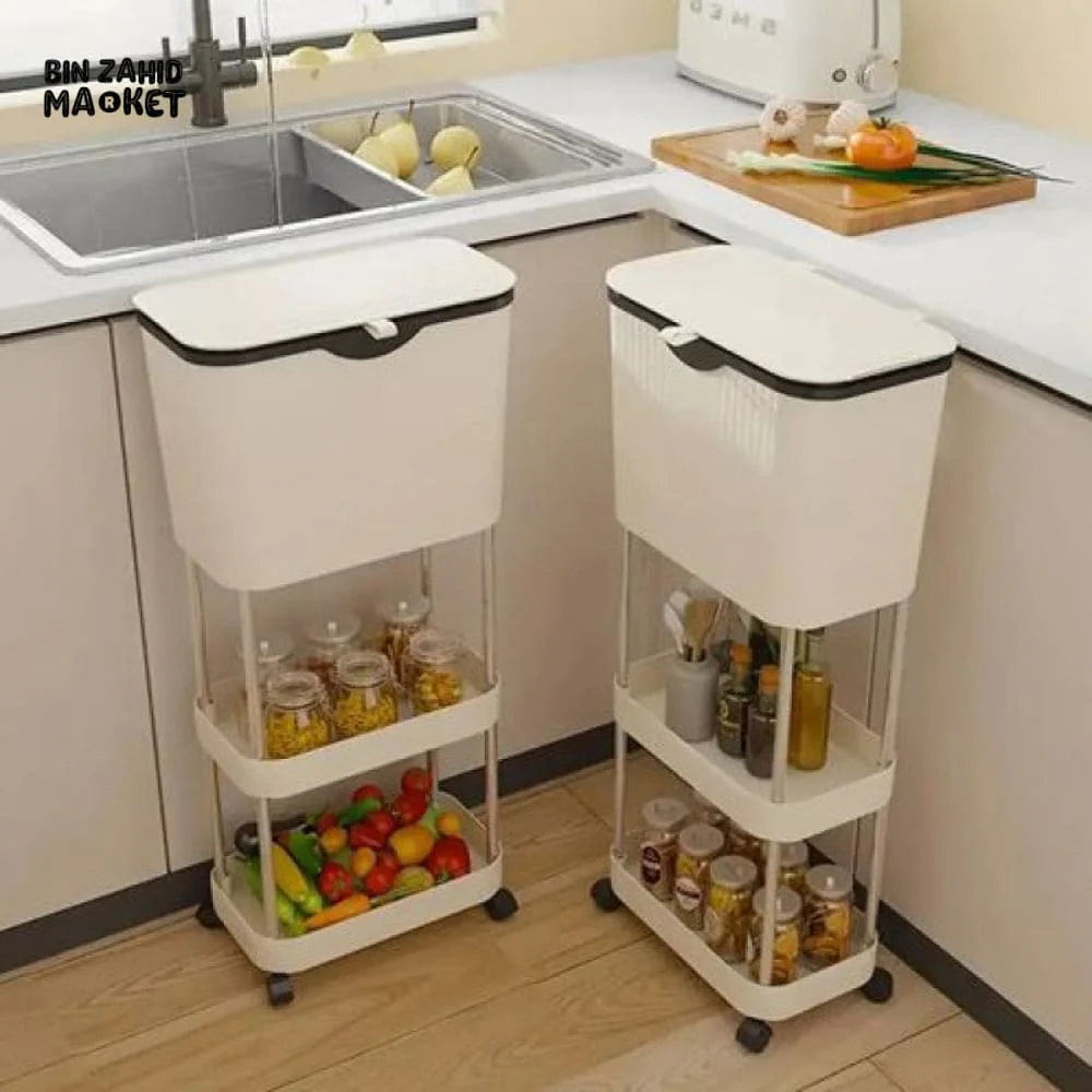 NARROW KITCHEN TRASH CAN WITH STORAGE RACK - MULTIPURPOSE WASTE BIN - CREAM - Image 2