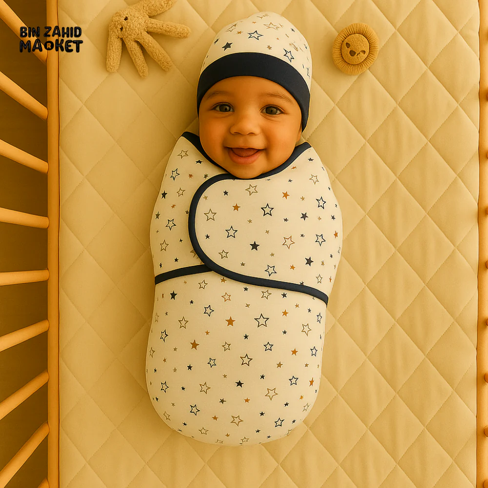 NAVY BORDER STAR PRINT NEWBORN SWADDLE SET WITH CAP & MITTENS – COTTON WRAP FOR BABY