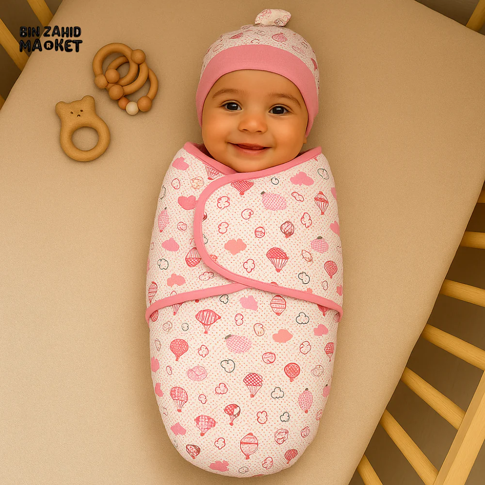 NEWBORN BABY SWADDLE SET WITH CAP & MITTENS – PINK HOT AIR BALLOON & CLOUD PRINT COTTON WRAP