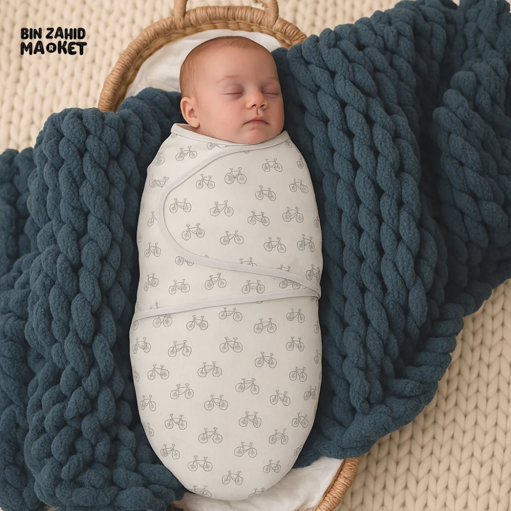 NEWBORN BABY SWADDLE WRAP – COTTON SWADDLING BLANKET WITH BICYCLE PRINT FOR INFANTS