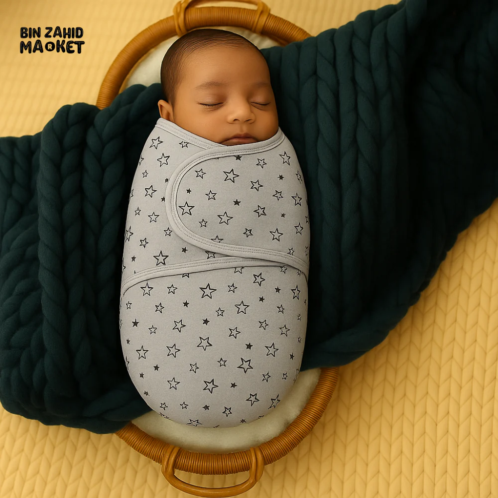 NEWBORN BABY SWADDLE WRAP – GREY STAR PRINT – COTTON – ADJUSTABLE VELCRO CLOSURE