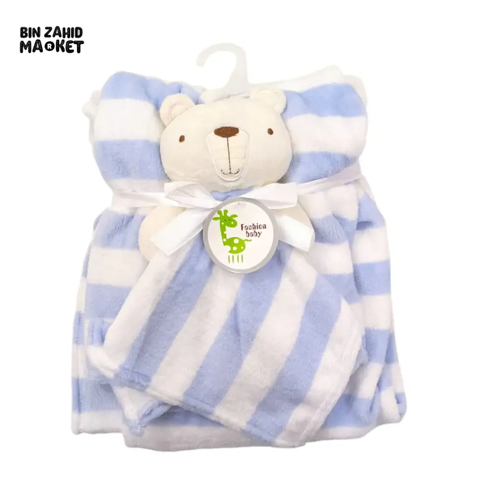 NEWBORN & INFANT BLANKET WITH TOY – SINGLE PLY SKIN-FRIENDLY 3M+ - BLUE & WHITE BEAR - Image 2