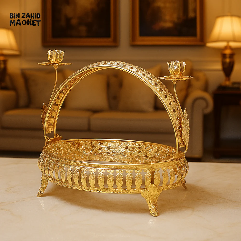 ORNATE GOLD DECORATIVE BASKET WITH LOTUS CANDLE HOLDERS – LUXURY TABLETOP CENTERPIECE FOR VILLA INTERIORS
