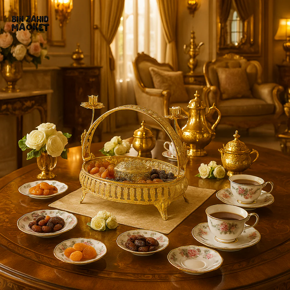 ORNATE GOLD DECORATIVE BASKET WITH LOTUS CANDLE HOLDERS – LUXURY TABLETOP CENTERPIECE FOR VILLA INTERIORS - Image 2