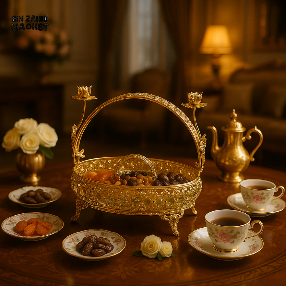 ORNATE GOLD DECORATIVE BASKET WITH LOTUS CANDLE HOLDERS – LUXURY TABLETOP CENTERPIECE FOR VILLA INTERIORS - Image 3