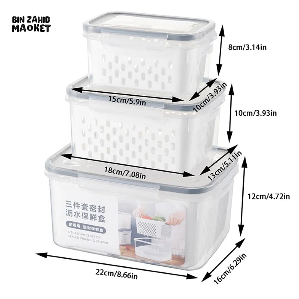 PACK OF 3 FOOD PRESERVATION BOX WITH DRAIN BASKET - Image 9