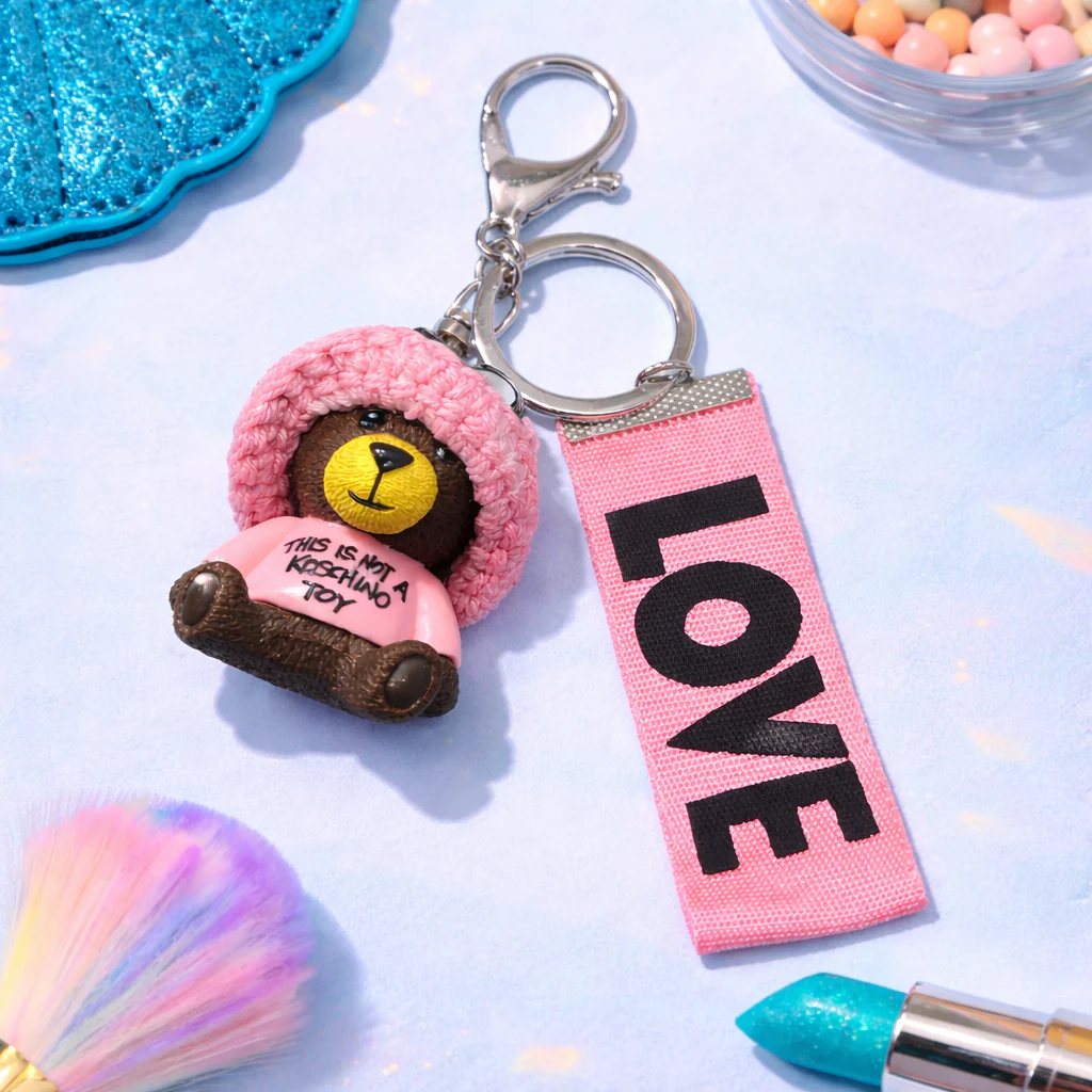 PINK TEDDY KEYCHAIN WITH LOVE TAG – CUTE AESTHETIC KEY HOLDER