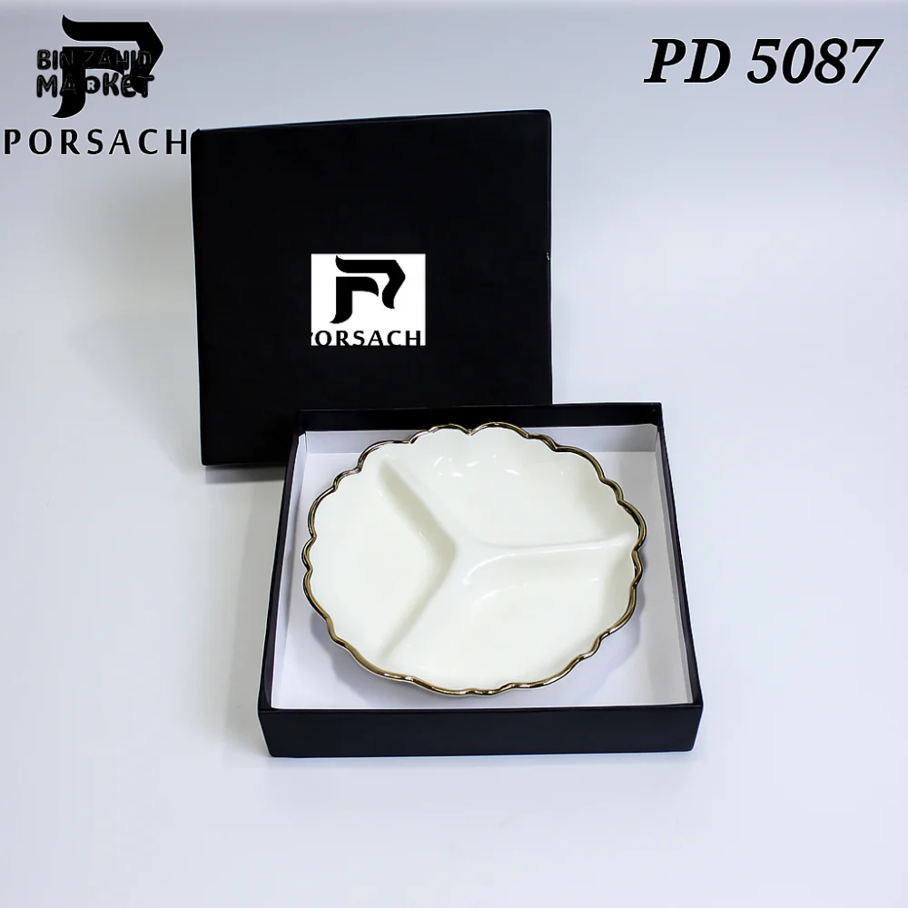 PORSACHI 3-SECTION PORCELAIN SERVING DISH – WHITE & GOLD SCALLOPED PLATE - Image 2