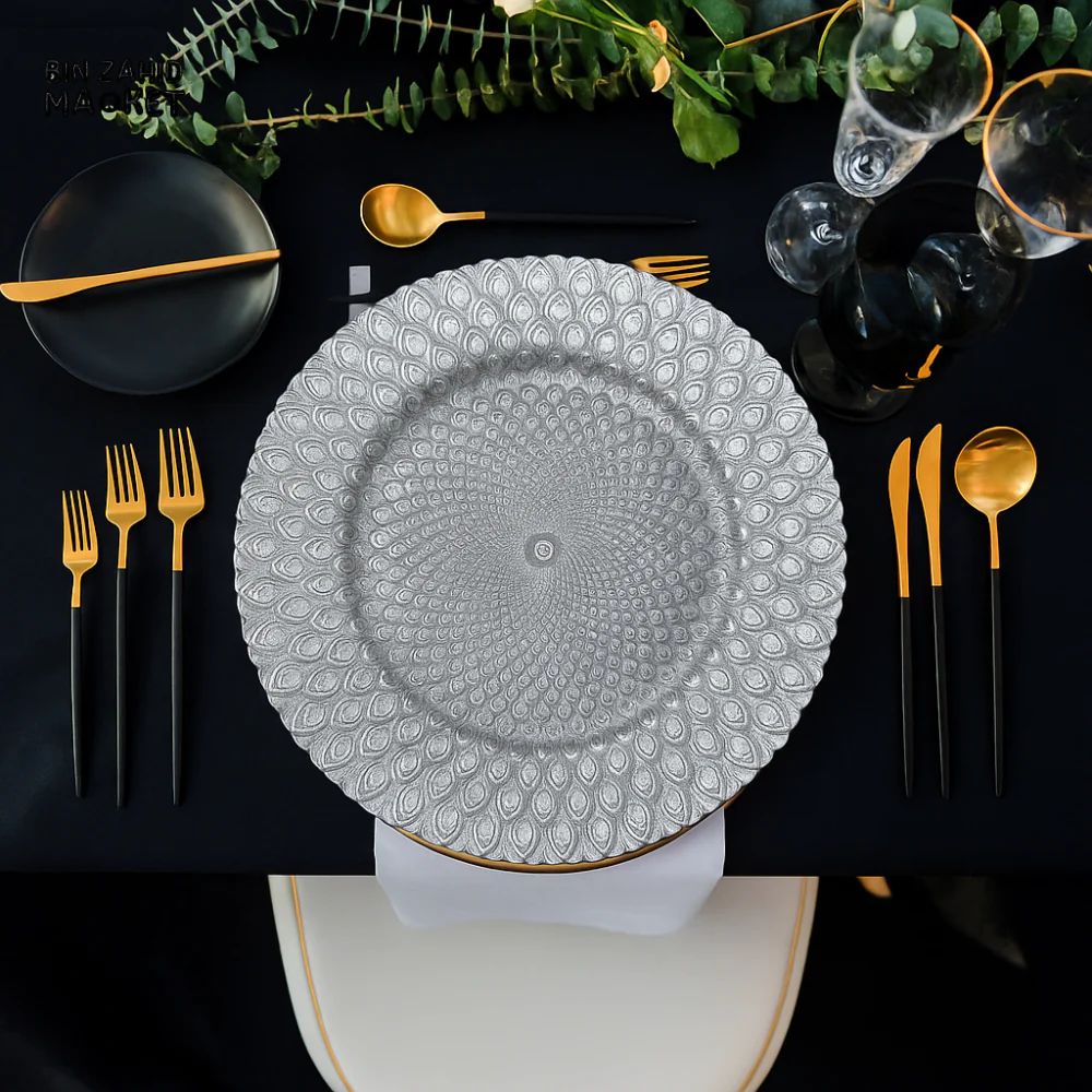 PORSACHI SILVER PEACOCK DESIGN CHARGER PLATE – 33CM ROUND LUXURY DINING TABLE SERVING PLATE ELEGANT DINNERWARE FOR HOME & KITCHEN DECOR