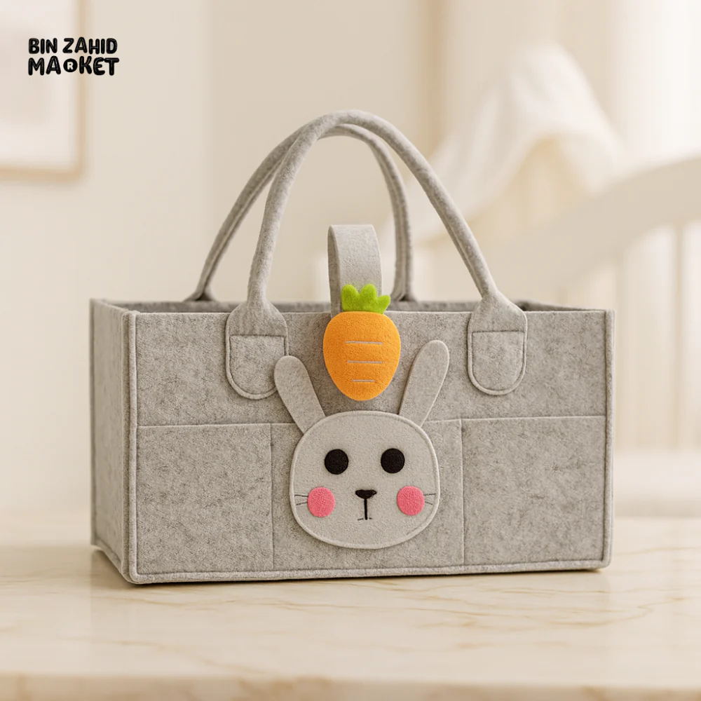 PORTABLE FELT DIAPER CADDY – CARTOON DESIGN FOLDABLE NURSERY ORGANIZER WITH HANDLES - RABBIT