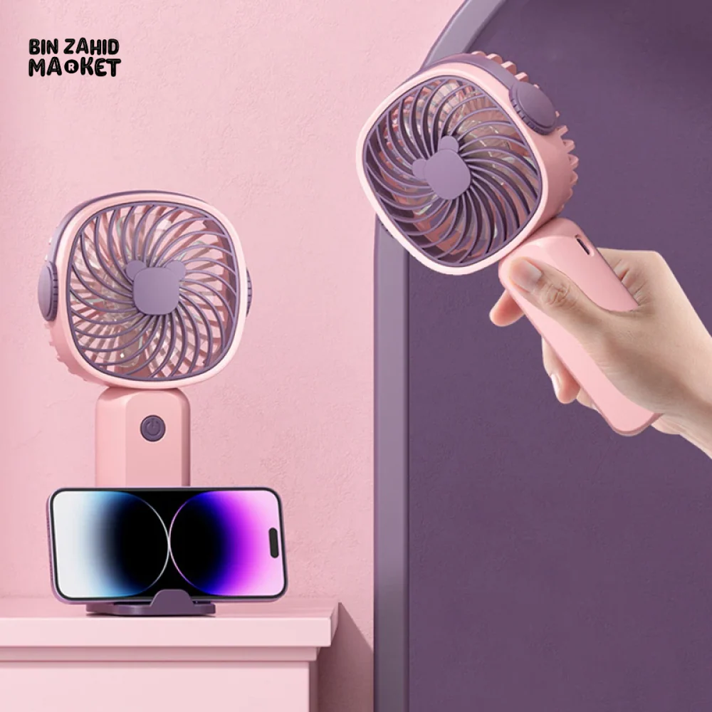 PORTABLE USB RECHARGEABLE MINI FAN WITH PHONE HOLDER FAST CHARGING HANDHELD FAN FOR TRAVEL OFFICE & STUDENTS - Image 2