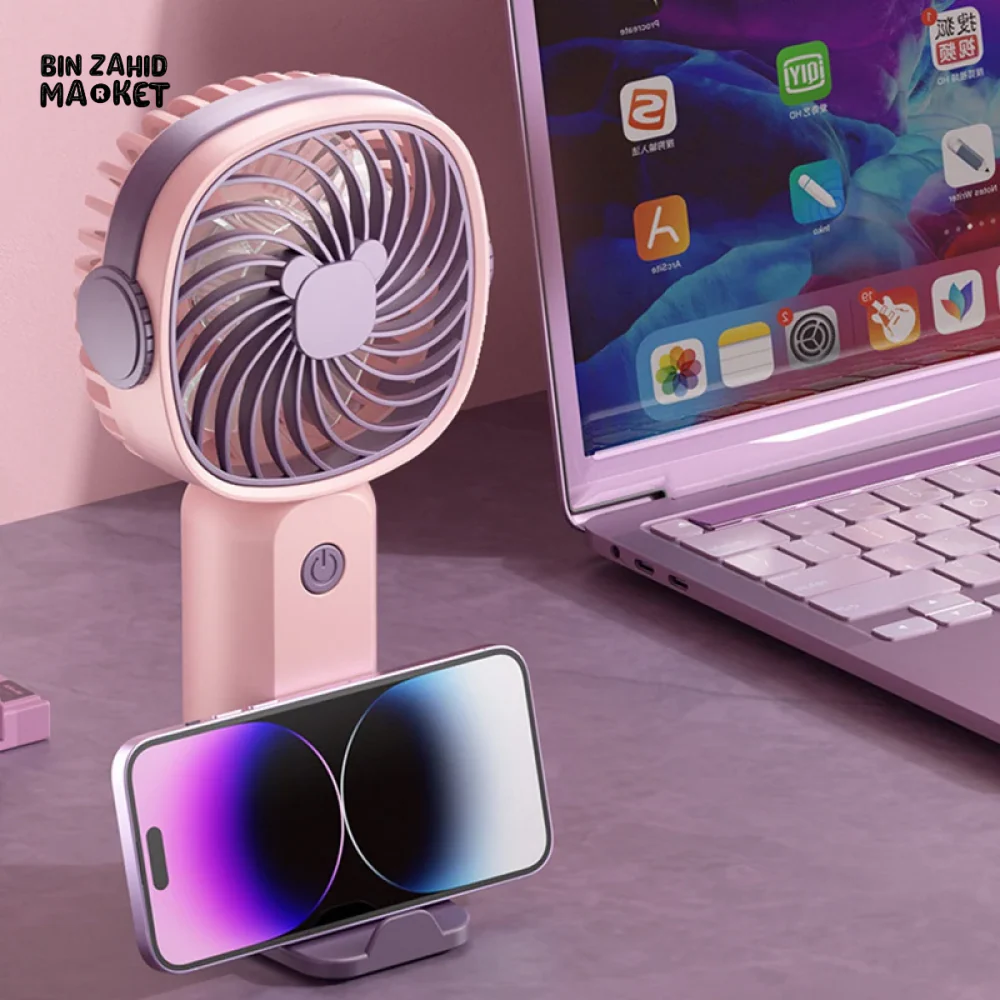 PORTABLE USB RECHARGEABLE MINI FAN WITH PHONE HOLDER FAST CHARGING HANDHELD FAN FOR TRAVEL OFFICE & STUDENTS - Image 4
