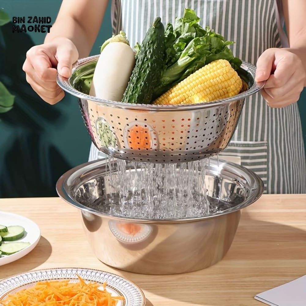 PREMIUM 3 PIECES STEEL COLANDER KITCHEN SLICER GRATER SET - Image 3