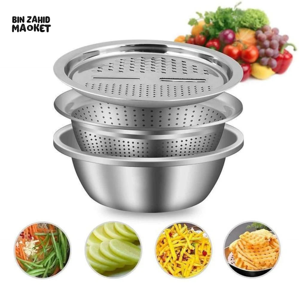 PREMIUM 3 PIECES STEEL COLANDER KITCHEN SLICER GRATER SET - Image 6