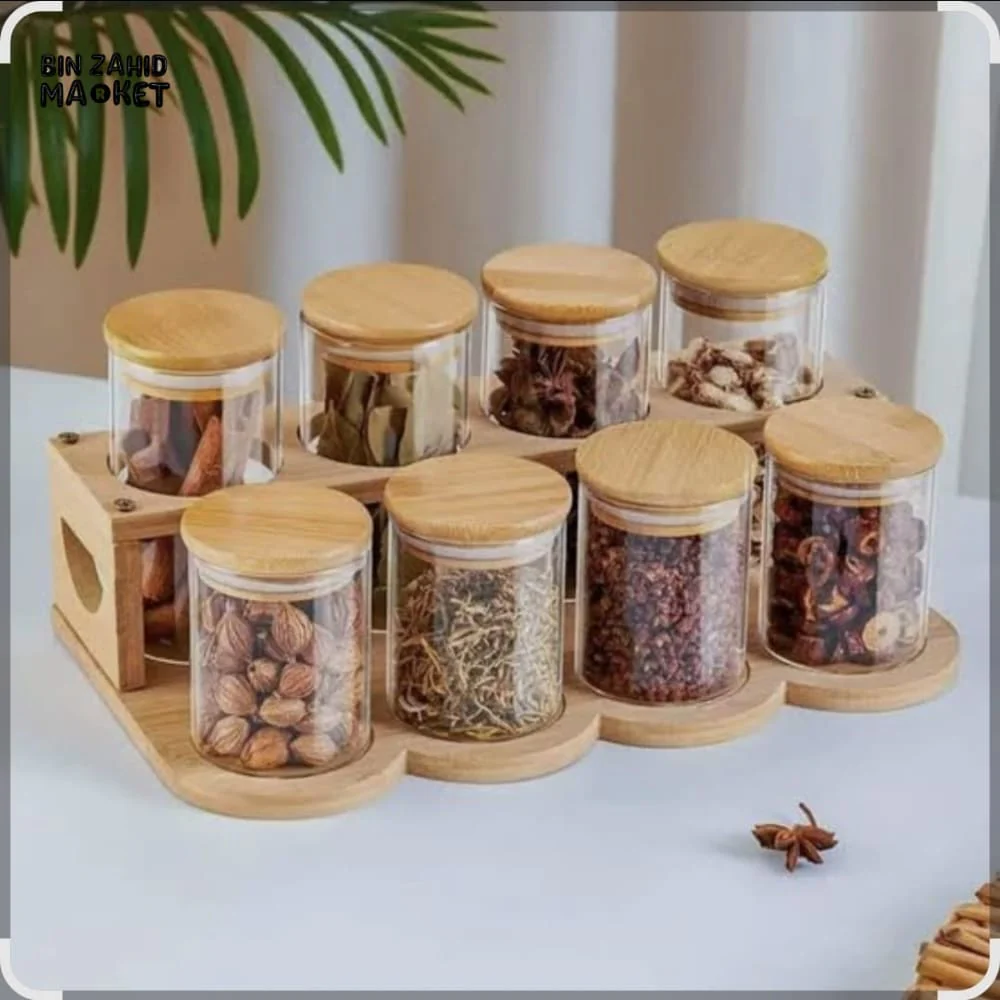 PREMIUM 8-PIECE GLASS SPICE JAR SET WITH WOODEN BASE - Image 2