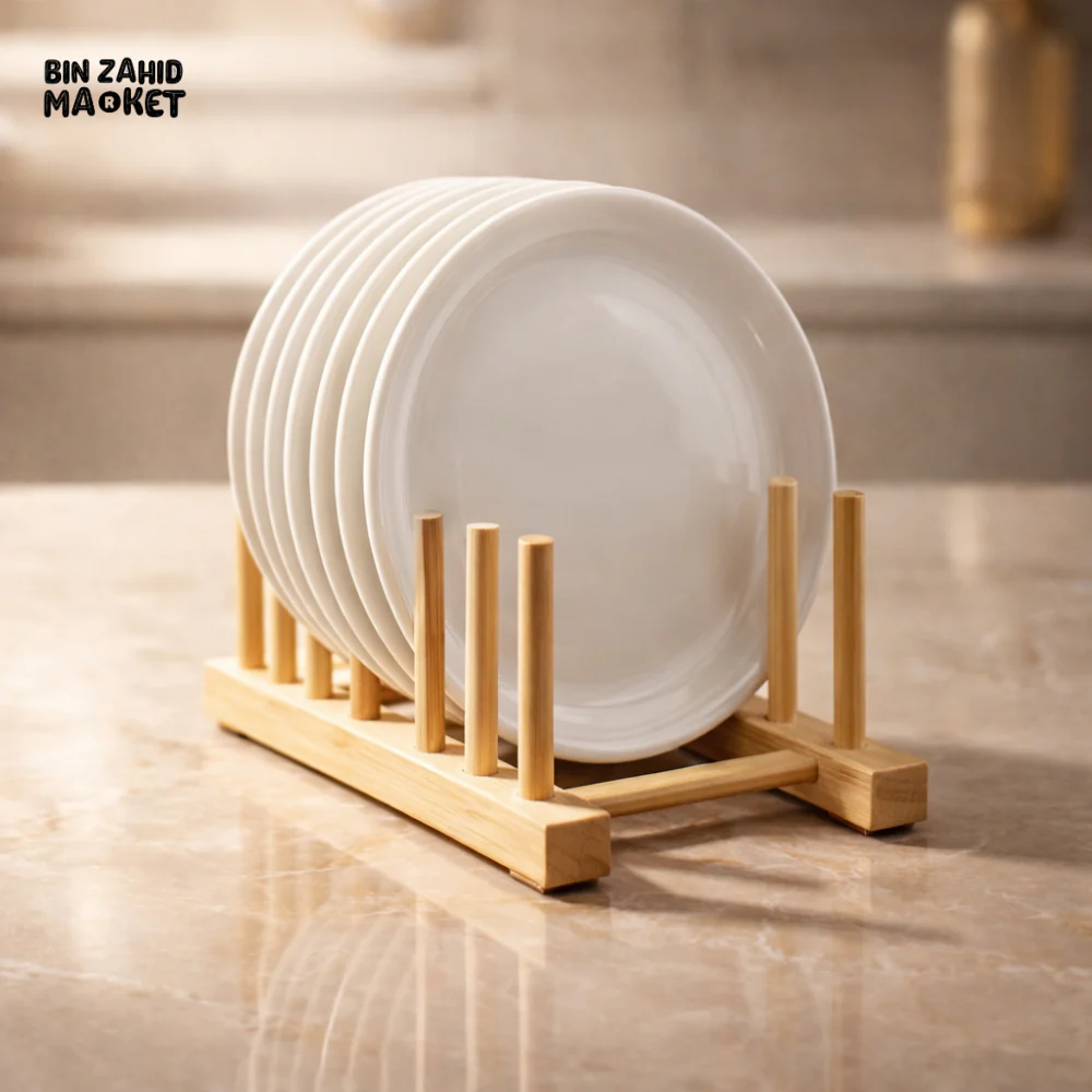 PREMIUM BAMBOO DISH RACK WITH PLATE HOLDER – MODERN KITCHEN COUNTERTOP ORGANIZER STAND - 5 STEPS