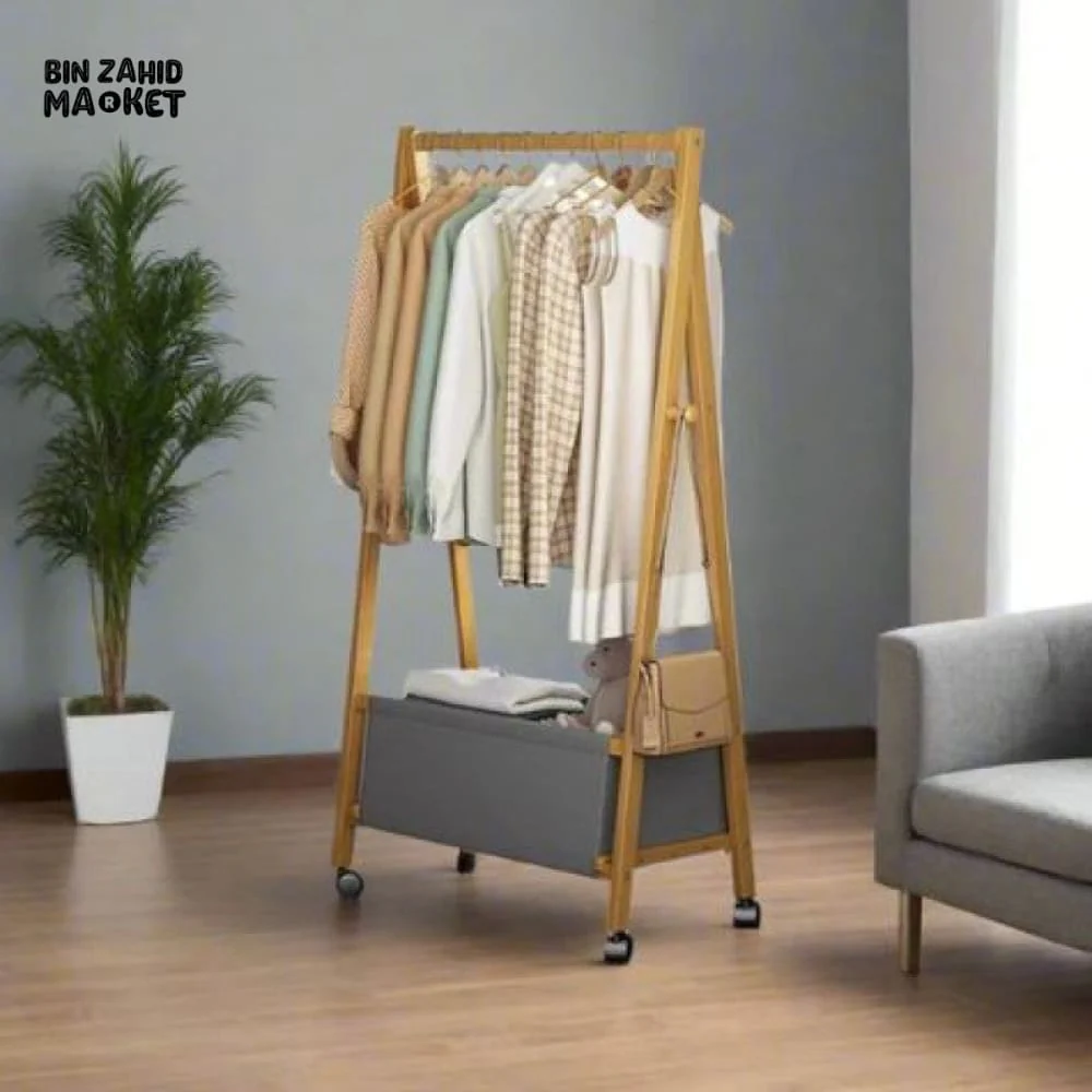 PREMIUM BAMBOO WOODEN CLOTHES STAND – ELEGANT CLOTHES RACK WITH STORAGE SHELF - Image 2
