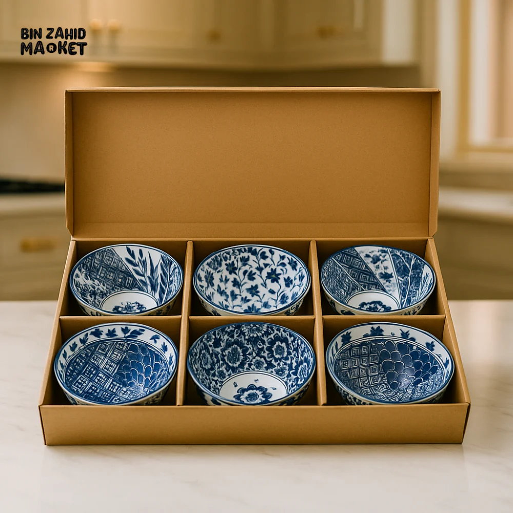 PREMIUM BLUE FLORAL RICE/SOUP BOWLS – 6 PIECES WITH GIFT PACK
