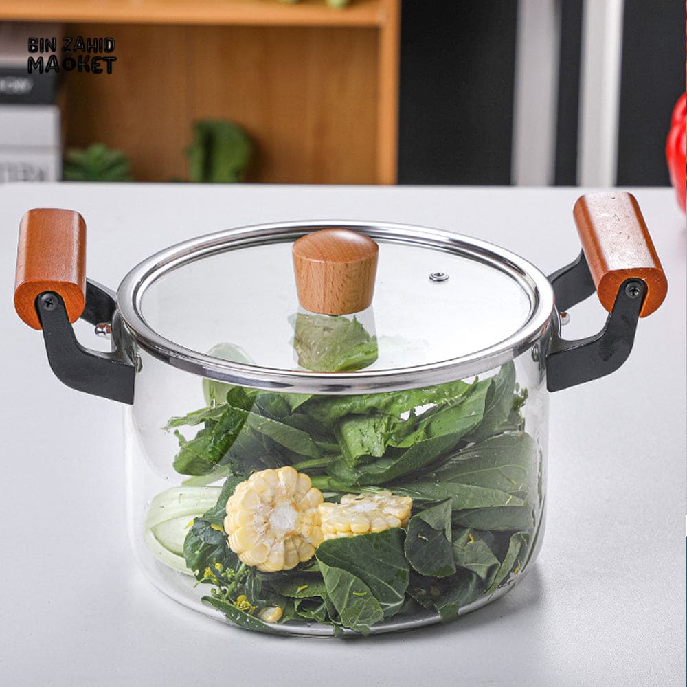 PREMIUM BOROSILICATE COOKING POT – FLAME-SAFE WOODEN HANDLE LARGE CAPACITY WITH LID - 3.5 LITRE - Image 2