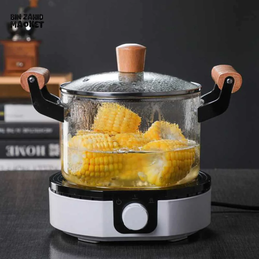 PREMIUM BOROSILICATE COOKING POT – FLAME-SAFE WOODEN HANDLE LARGE CAPACITY WITH LID - 3.5 LITRE - Image 3