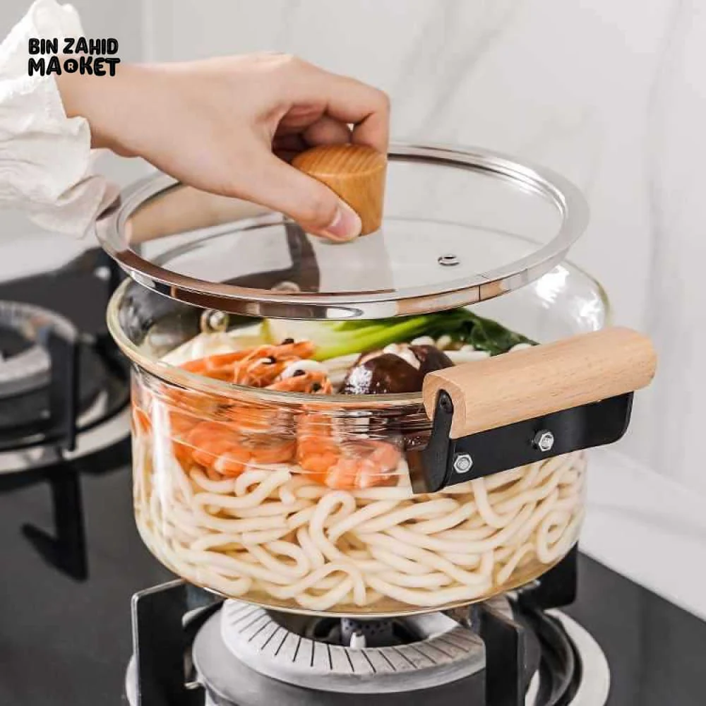 PREMIUM BOROSILICATE GLASS COOKING POT – FLAME-SAFE WOODEN HANDLE LARGE CAPACITY WITH LID - 4.5 LITRE - Image 3