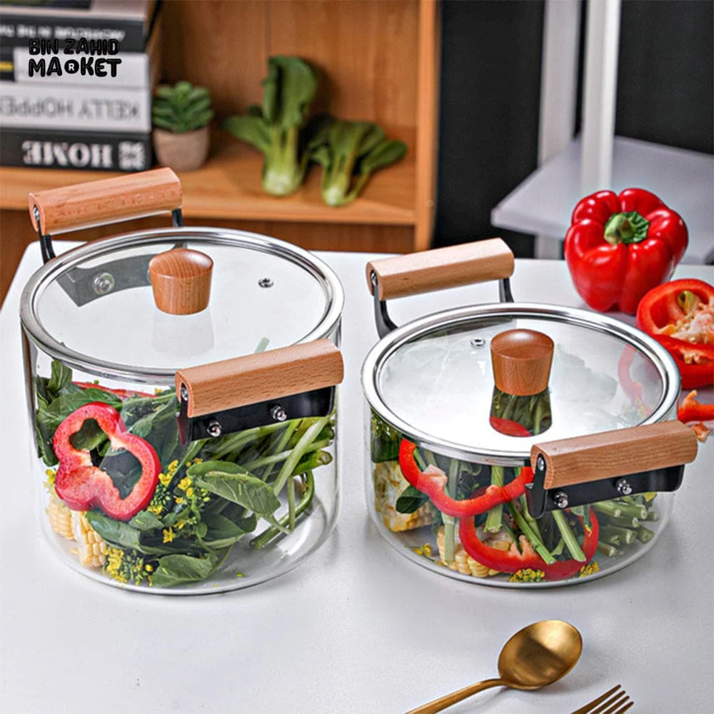 PREMIUM BOROSILICATE GLASS COOKING POT – FLAME-SAFE WOODEN HANDLE LARGE CAPACITY WITH LID - 4.5 LITRE - Image 4