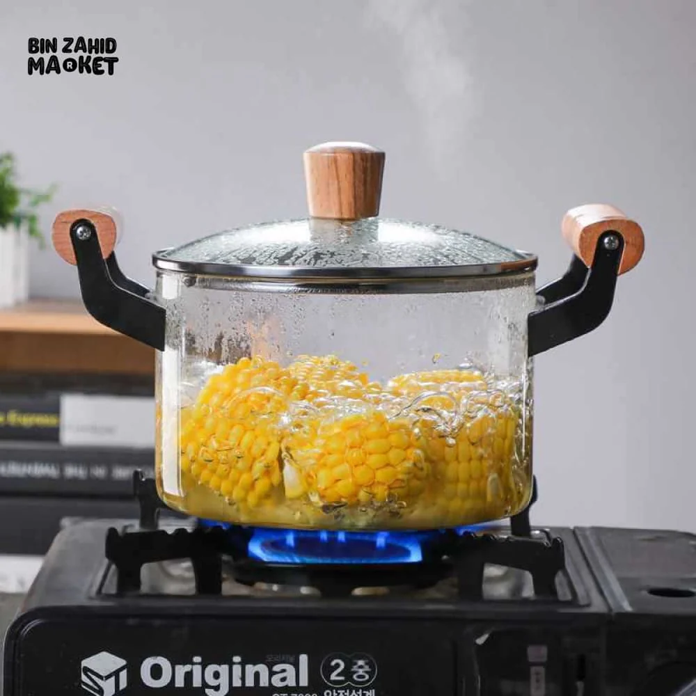 PREMIUM BOROSILICATE GLASS COOKING POT – FLAME-SAFE WOODEN HANDLE LARGE CAPACITY WITH LID - 4.5 LITRE - Image 7