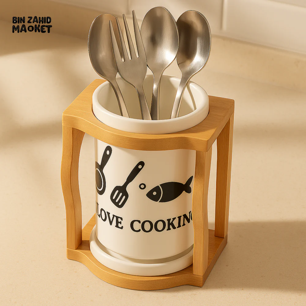 PREMIUM CERAMIC CUTLERY HOLDER WITH WOODEN STAND