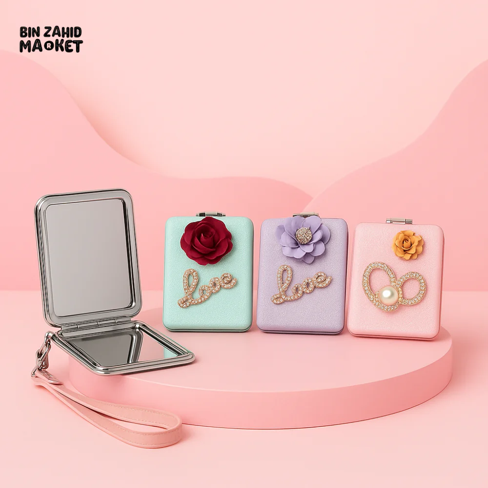 LUXURY RECTANGULAR COSMETIC MIRROR – DOUBLE-SIDED DESIGN WITH FLORAL LOVE EMBELLISHMENT & WRIST STRAP
